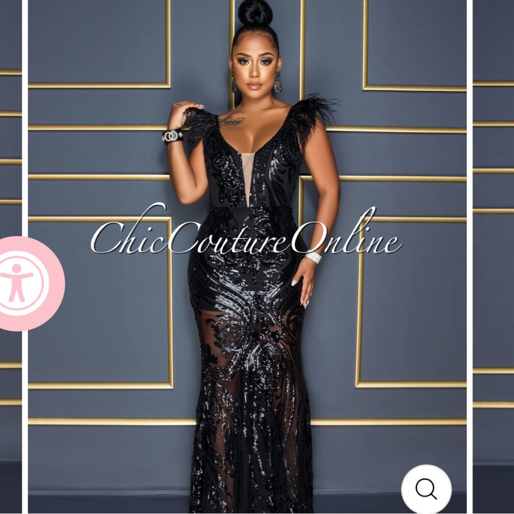 Chic couture online Francesca black sequins feather shoulder maxi dress